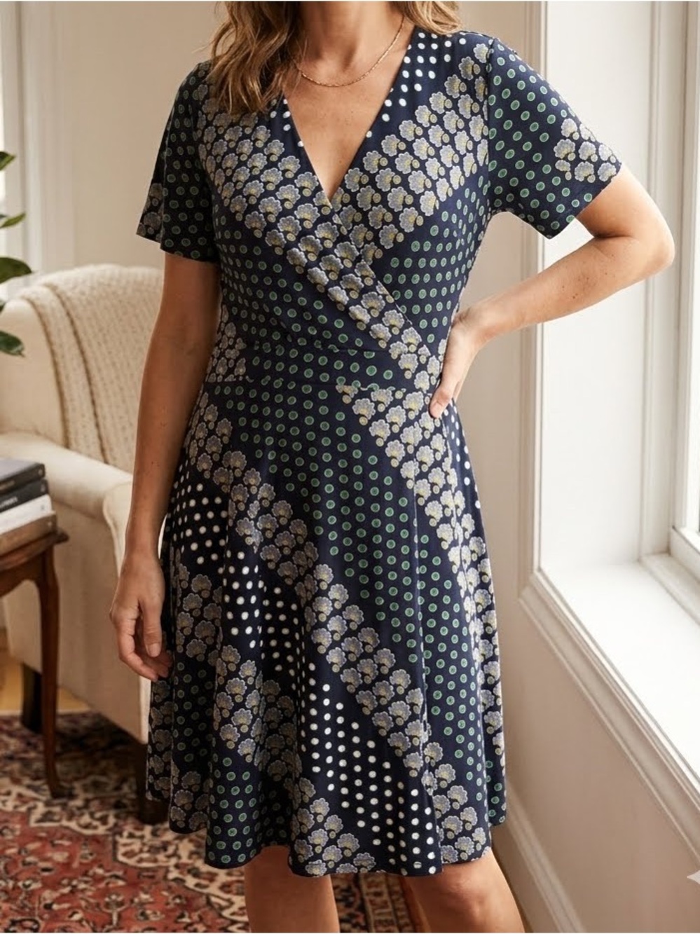 Ann Taylor Factory Dress polka dot floral v-neck faux wrap A-Line Short Sleeve